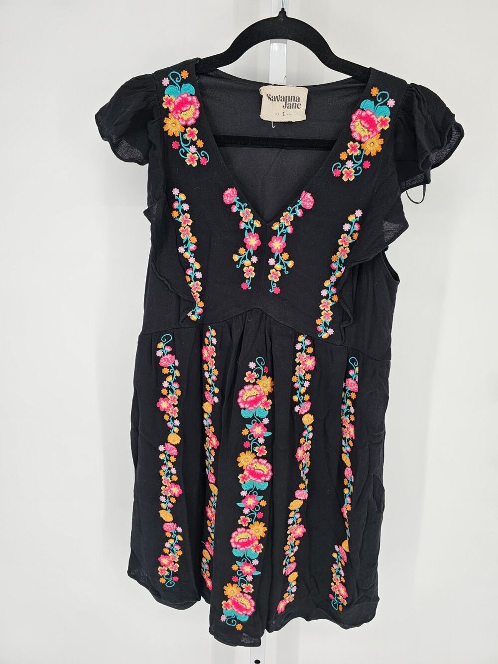Savanna Jane black boho Mini dress Womens Sz S Embroidered Floral